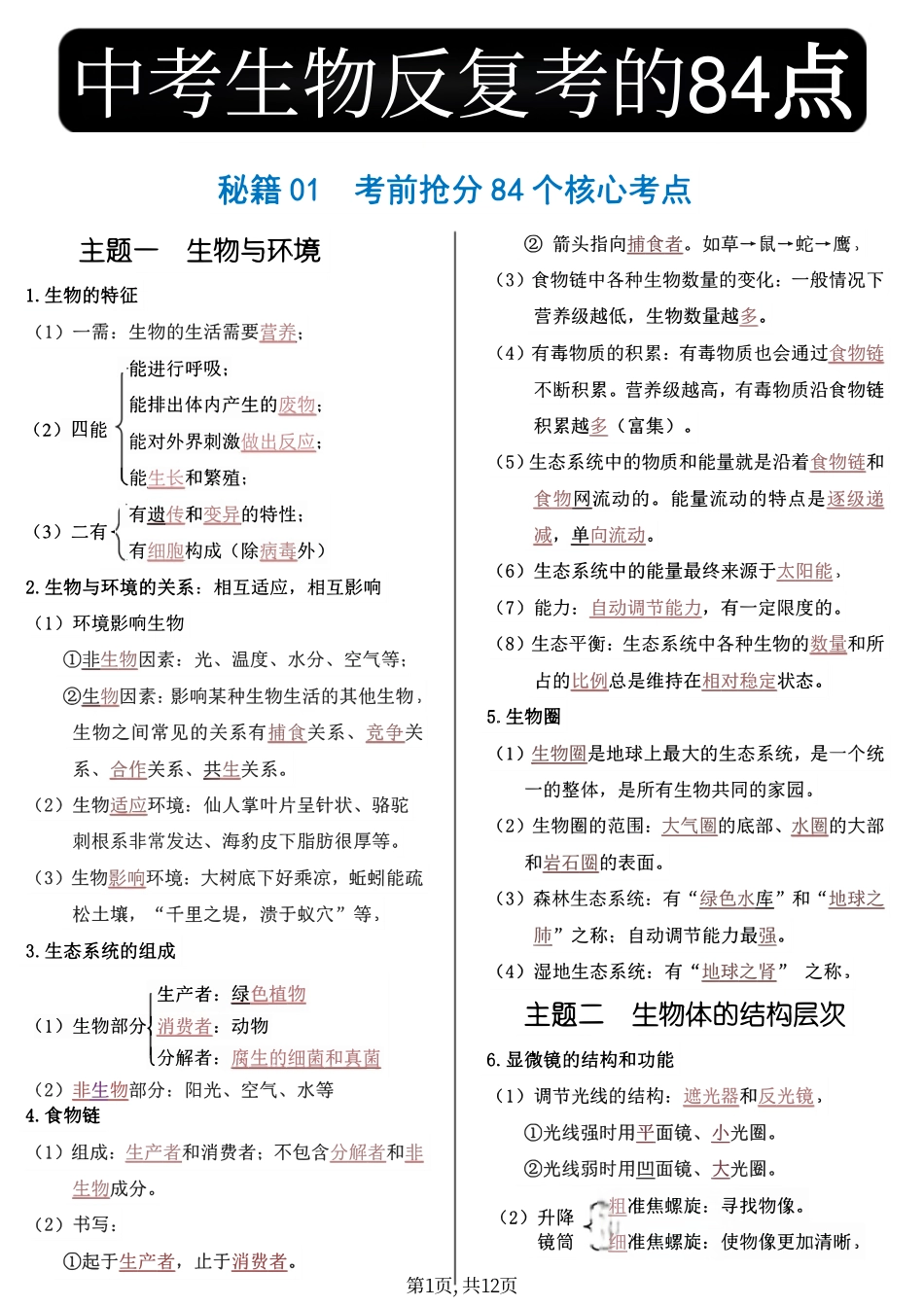 初中生物84条必考点——抢分秘籍(全国通用版).pdf