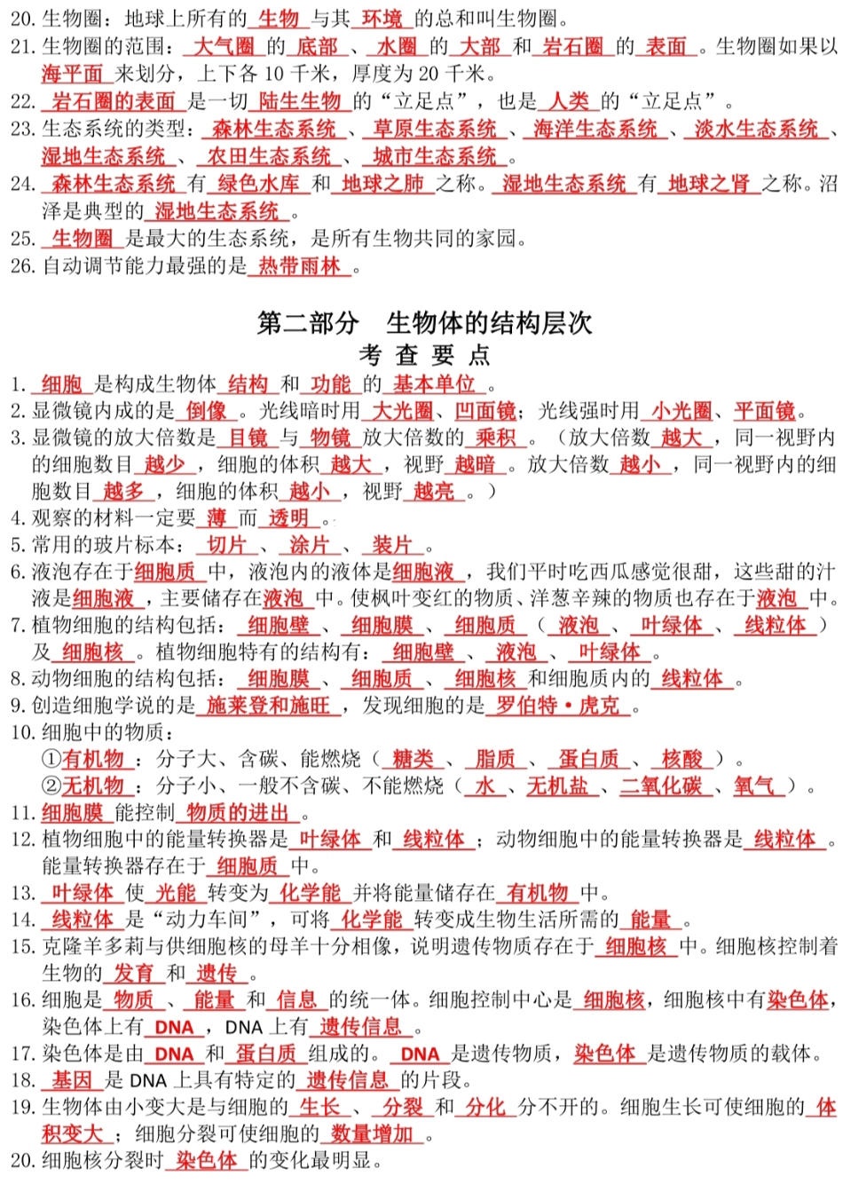 初中生物中考总复习知识要点填空题.pdf