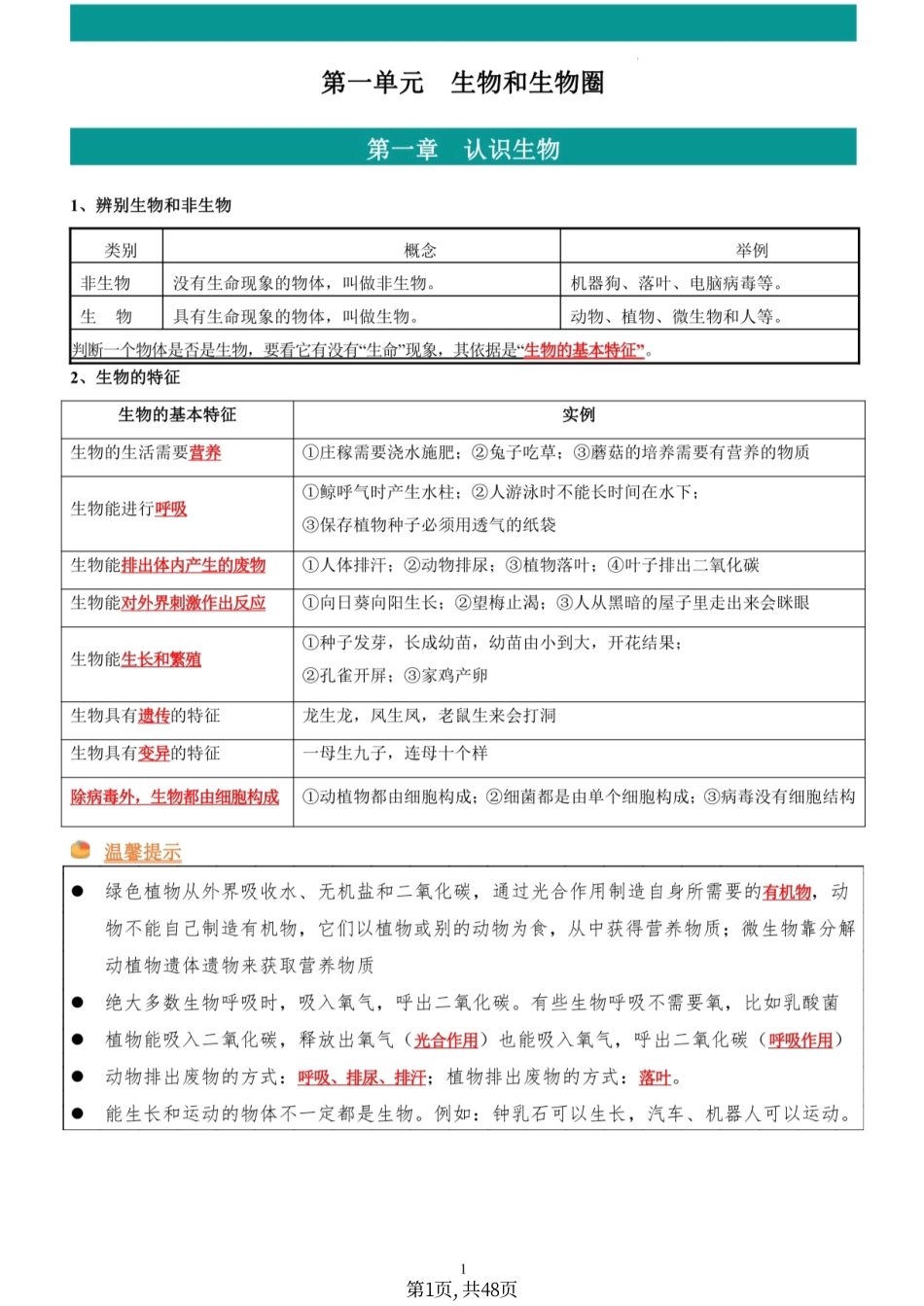 初中生物七年级上全册重点知识点归纳总结（复习必背）.pdf