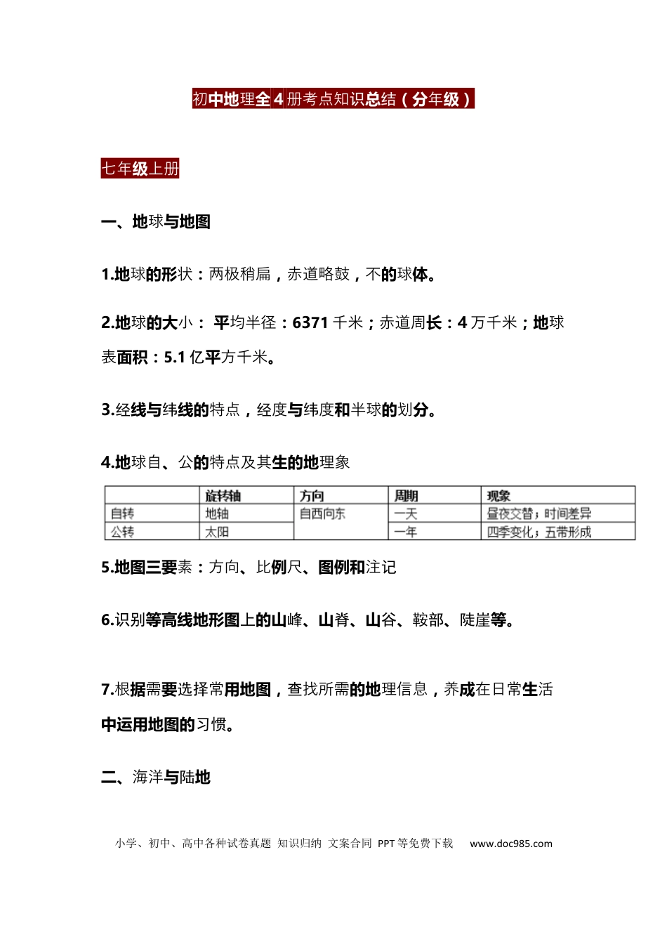 初中地理全4册考点知识总结（分年级）.docx