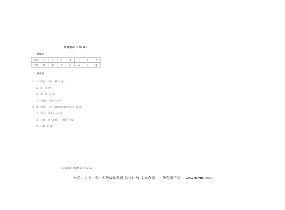 甘肃省武威市2019年中考地理真题试题（扫描版）.docx
