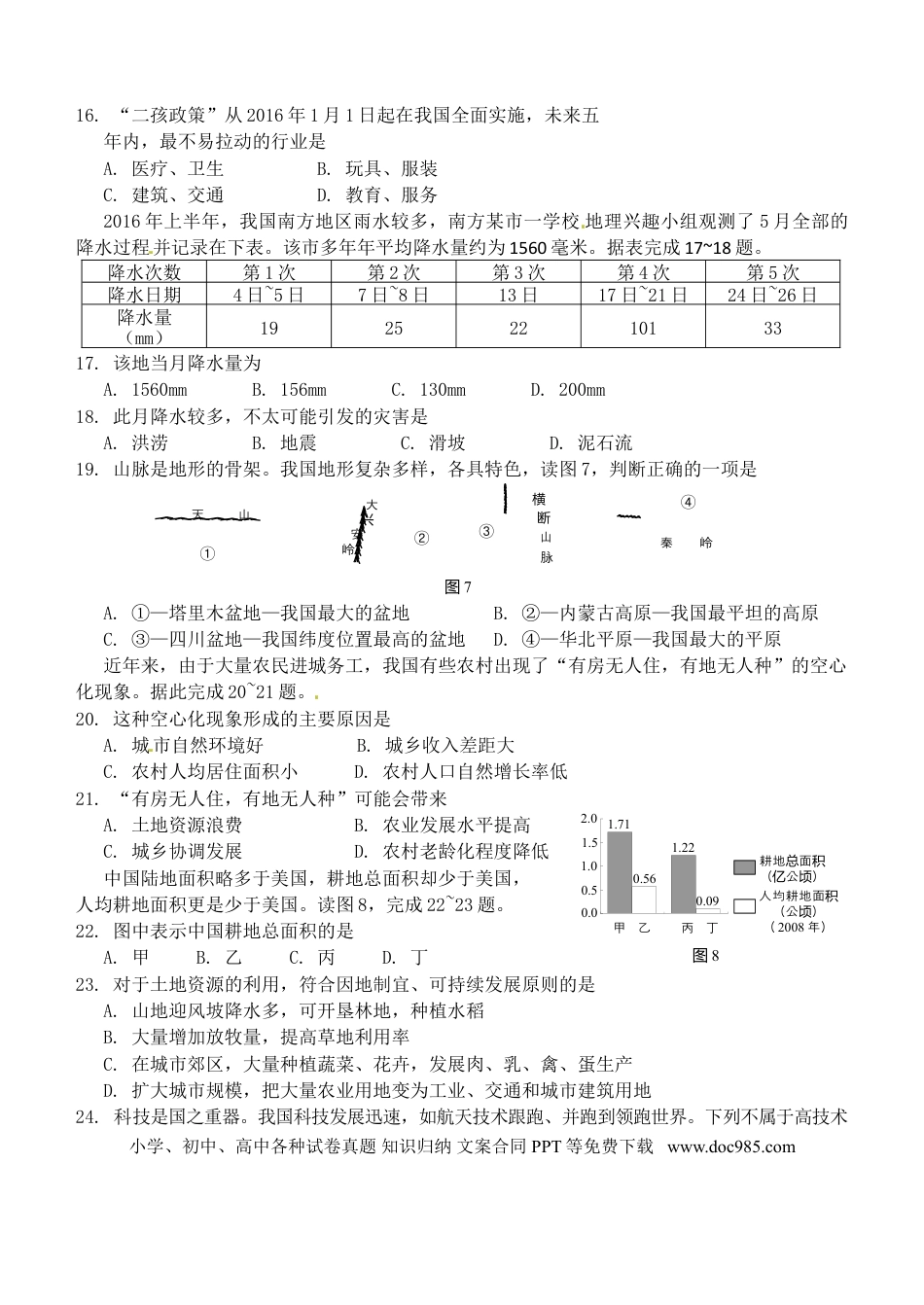 湖南省衡阳市2016年中考地理真题试题（含答案）.doc