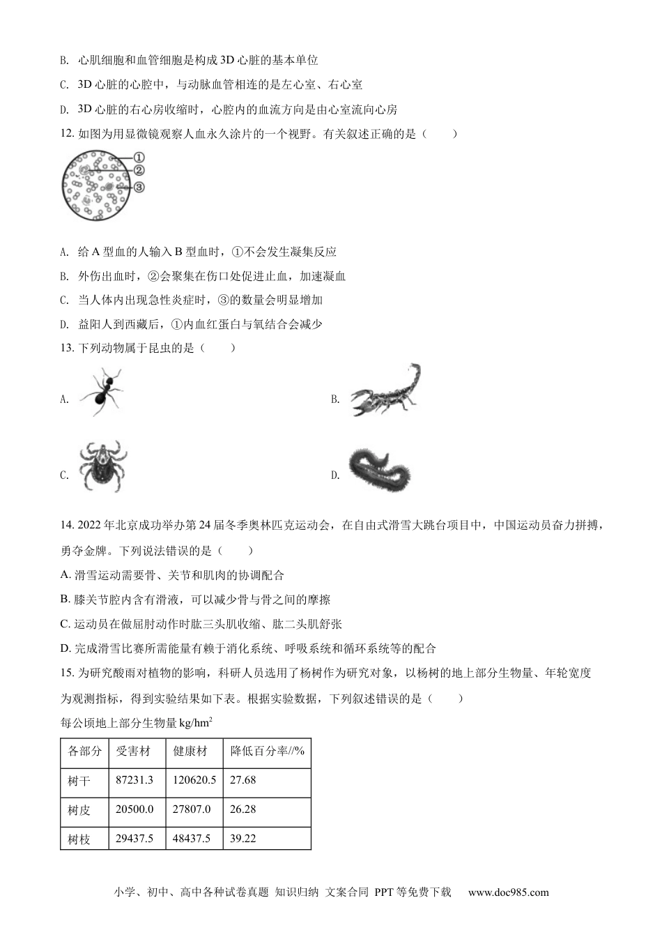 精品解析：2022年湖南省益阳市中考生物真题（原卷版）.docx