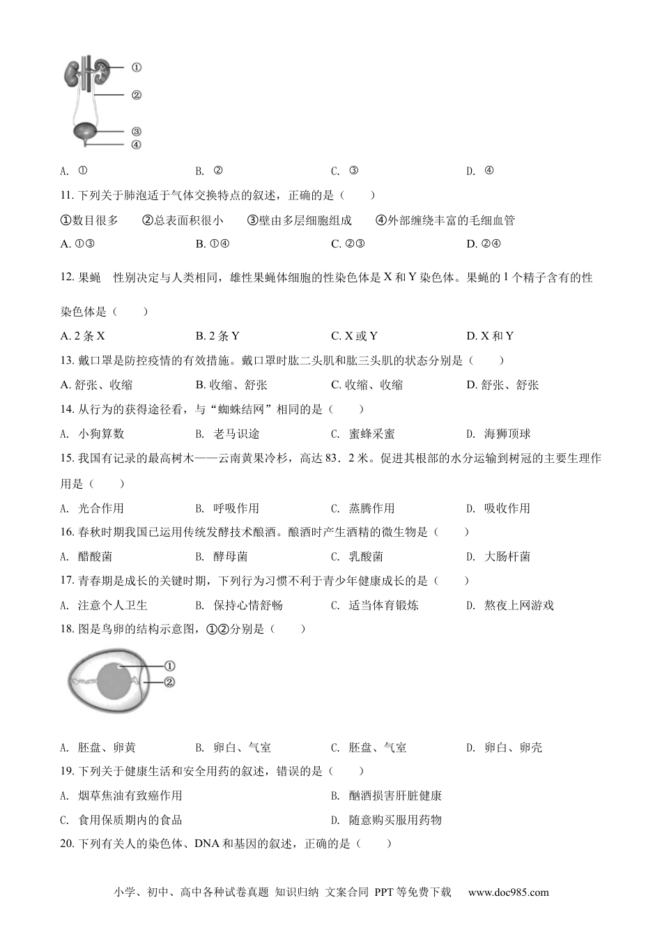 精品解析：2022年福建省中考生物真题（原卷版）.docx
