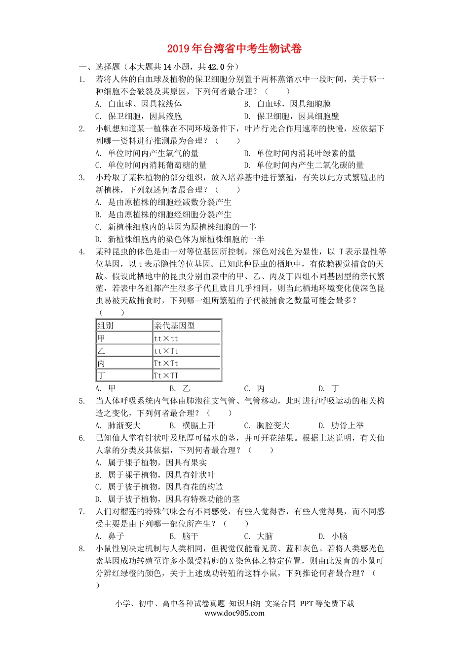 台湾省2019年中考生物真题试题（含解析）.docx