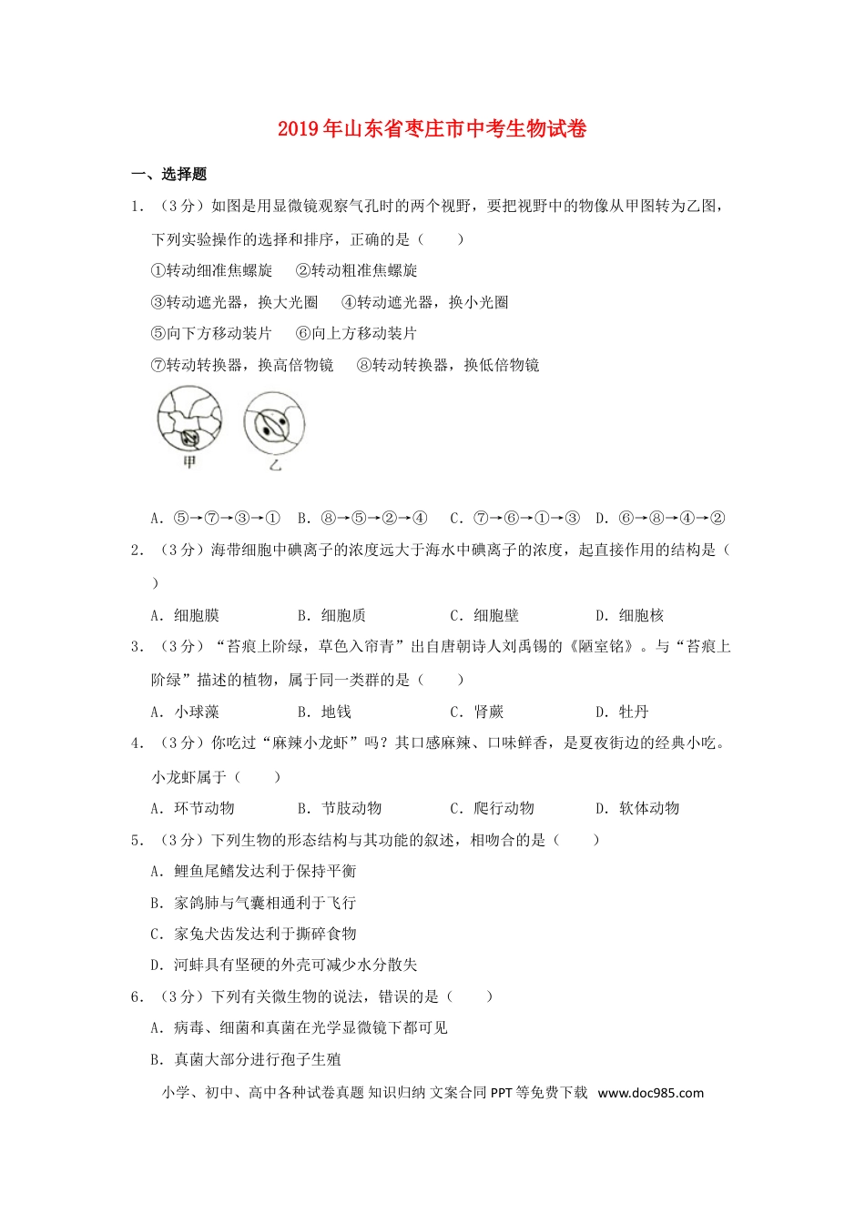 山东省枣庄市2019年中考生物真题试题（含解析）.doc