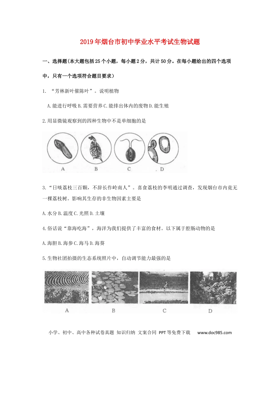 山东省烟台市2019年中考生物真题试题.docx