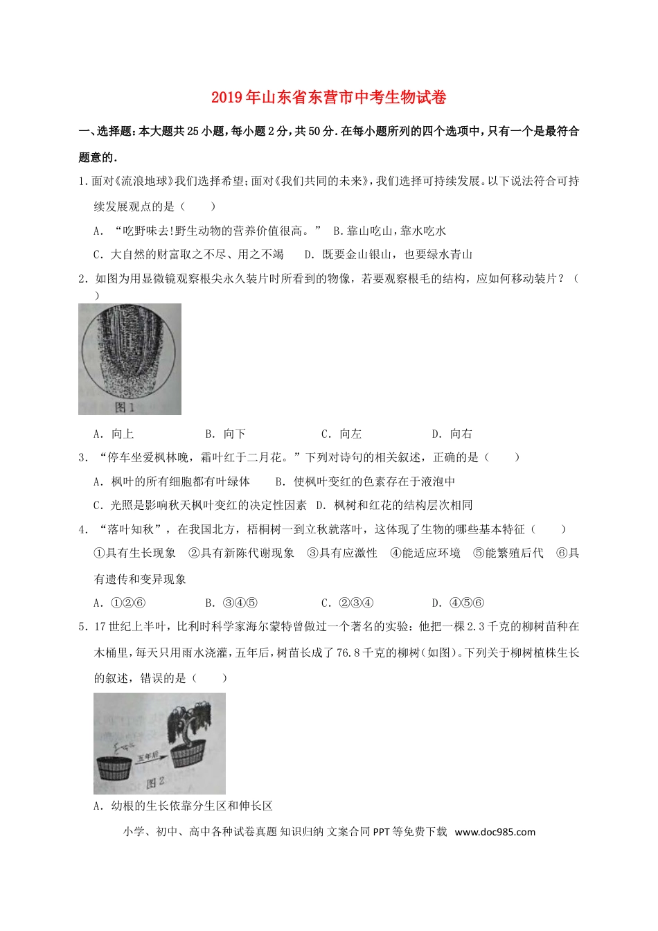 山东省东营市2019年中考生物真题试题.doc