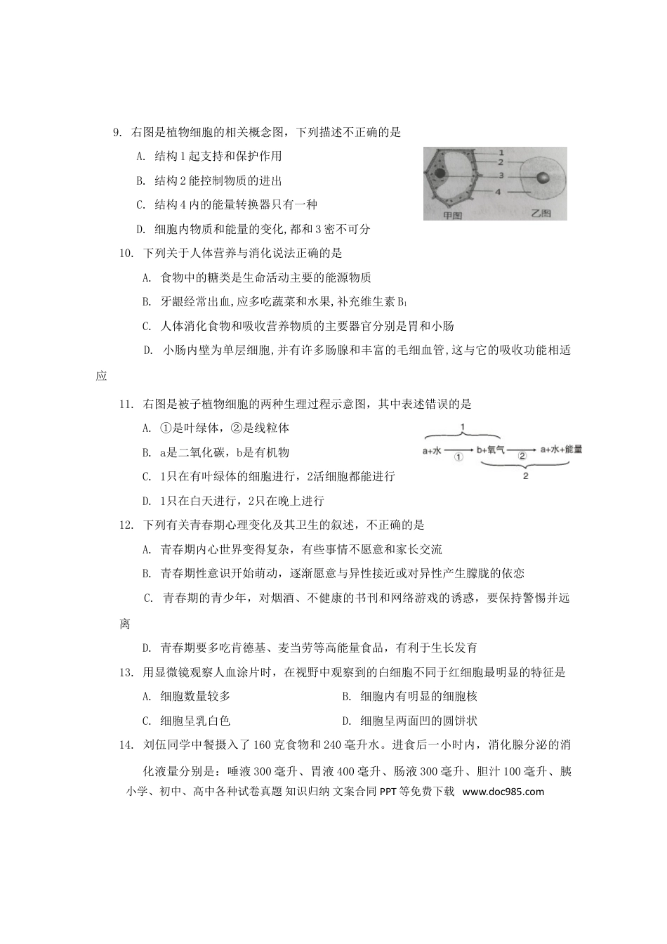 湖南省益阳市2019年中考生物真题试题.doc