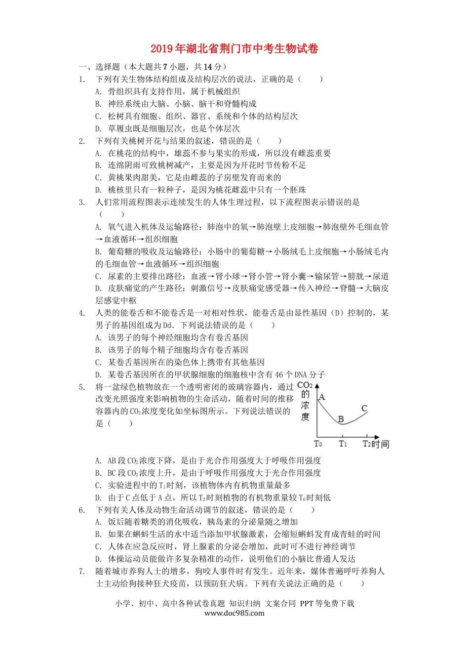 湖北省荆门市2019年中考生物真题试题（含解析）.docx