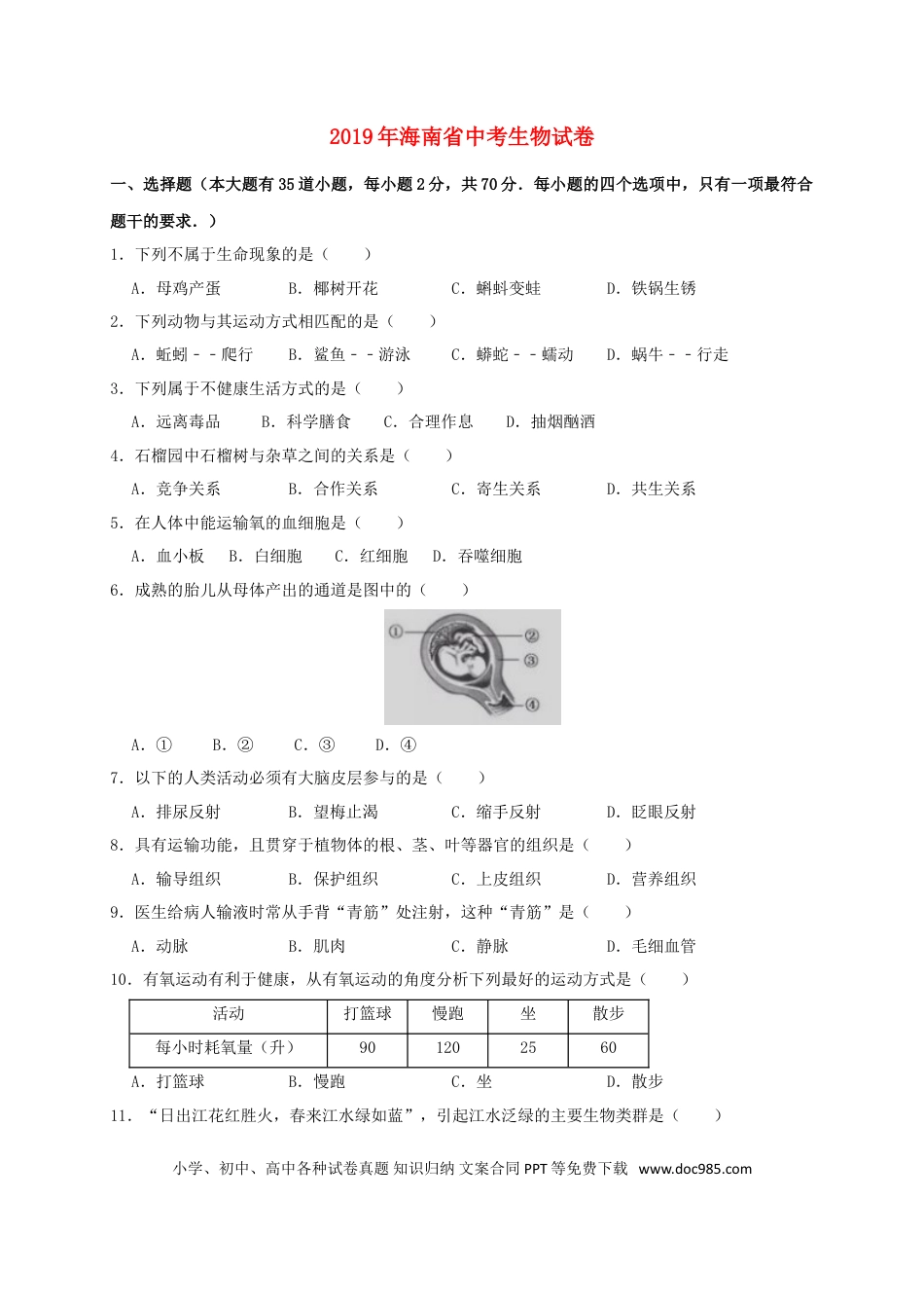海南省2019年中考生物真题试题.doc