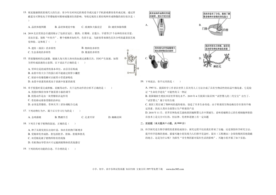 2019年山东省济宁市中考生物试题（Word版，含解析）.docx