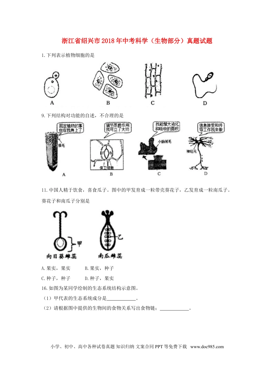 浙江省绍兴市2018年中考科学（生物部分）真题试题（含答案）.doc