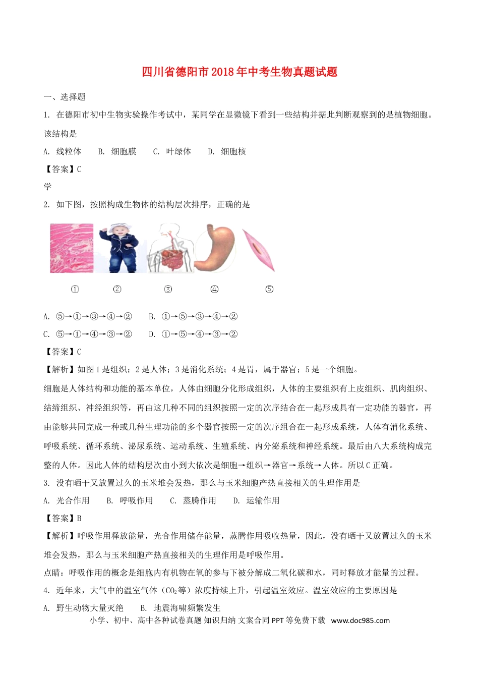 四川省德阳市2018年中考生物真题试题（含解析）.doc