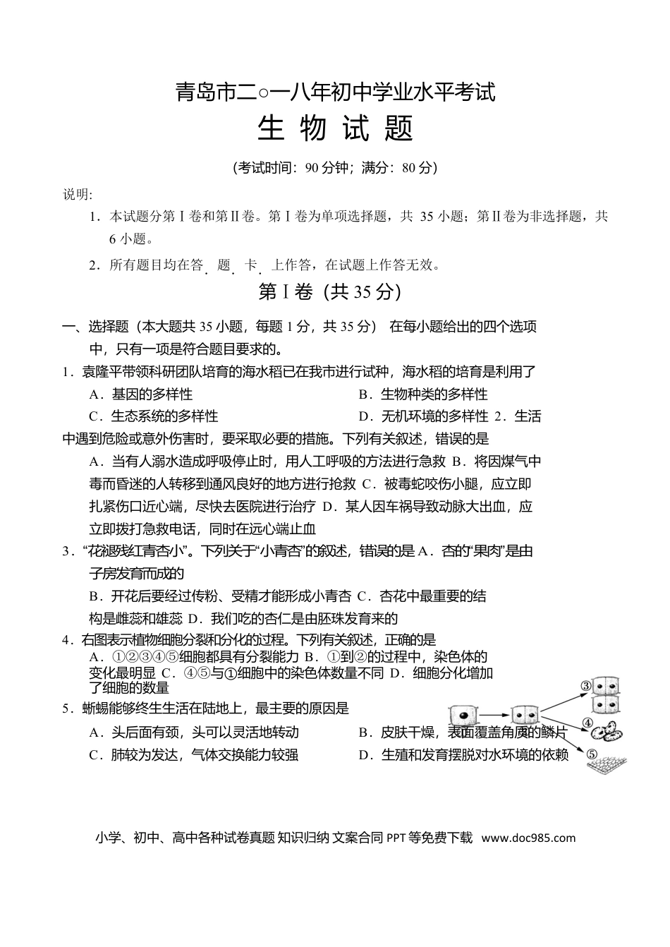 山东省青岛市2018年初中学业水平考试生物试题（word版 含答案）.doc