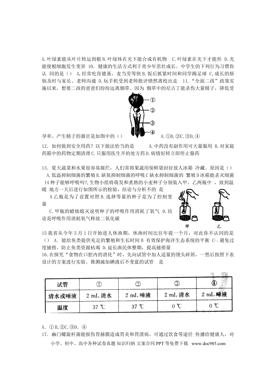 山东省烟台市2017年中考生物真题试题（含答案）.doc