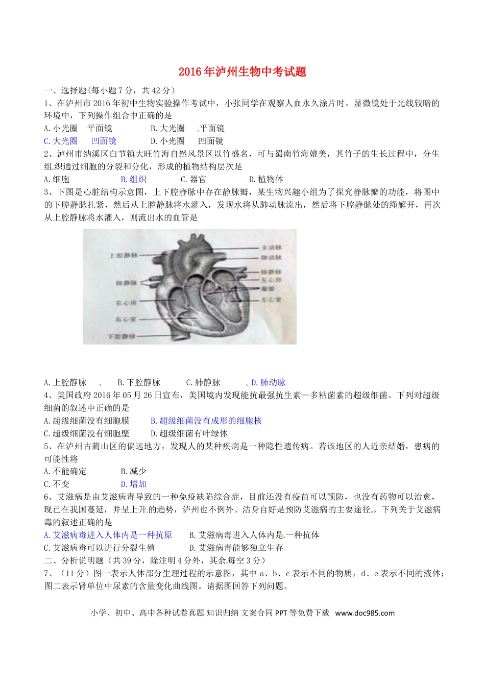 四川省泸州市2016年中考生物真题试题（含答案）.doc