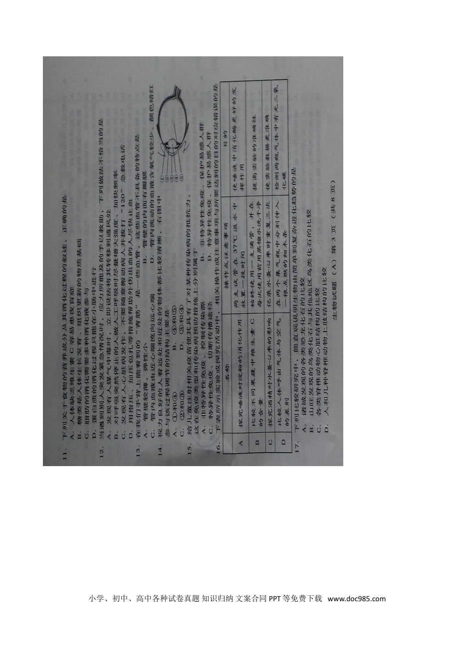 山东省潍坊市2016年中考生物真题试题（扫描版，含答案）.doc