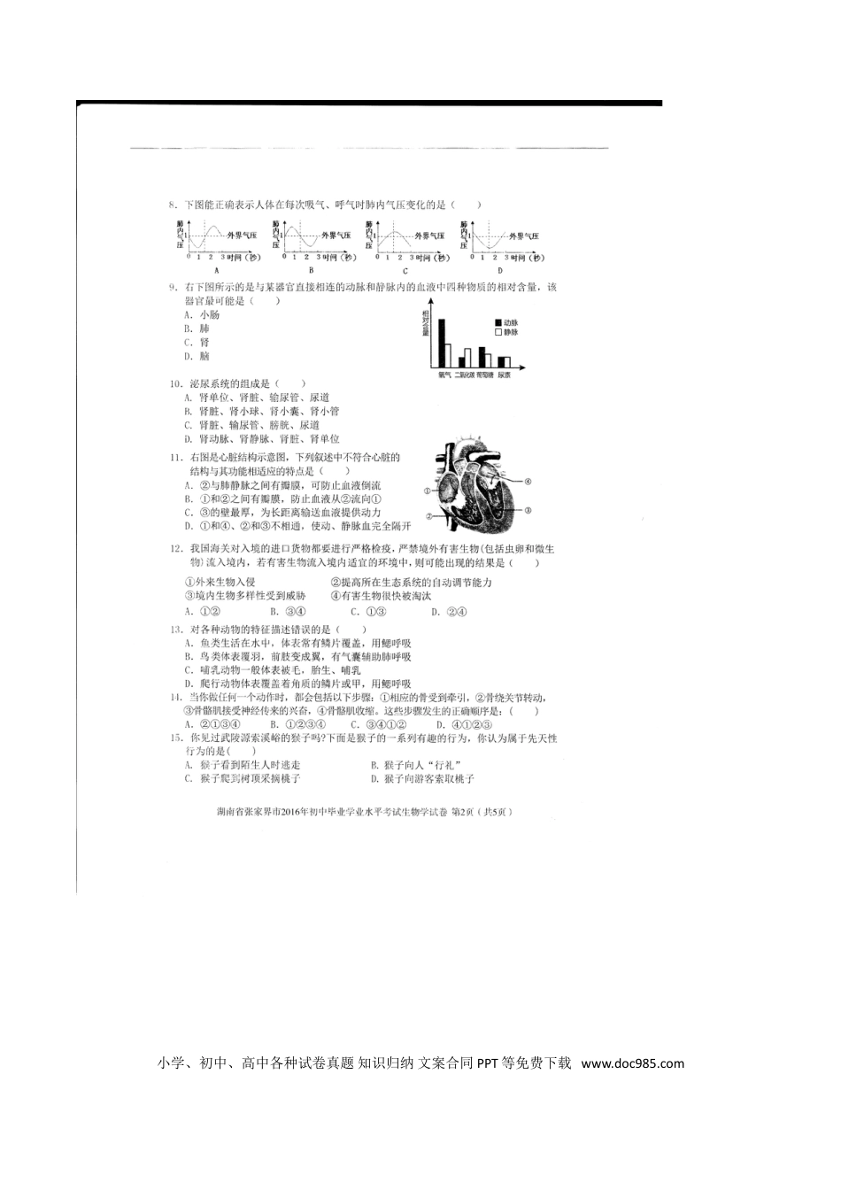 湖南省张家界市2016年中考生物真题试题（扫描版，含答案）.doc