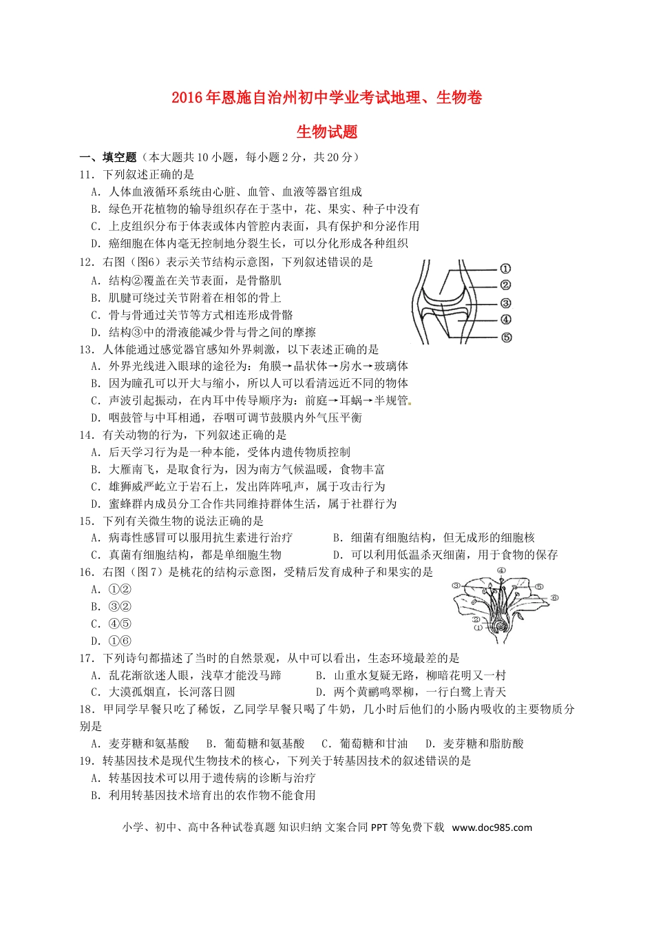 湖北省恩施州2016年中考生物真题试题（含答案）.doc