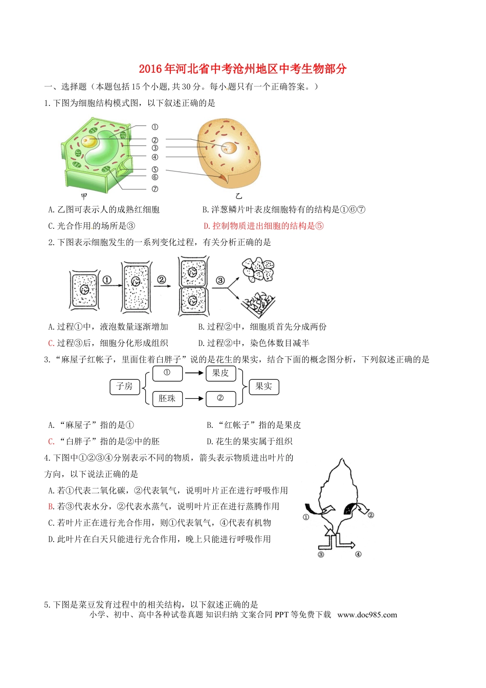 河北省沧州市2016年中考生物真题试题（含答案）.doc