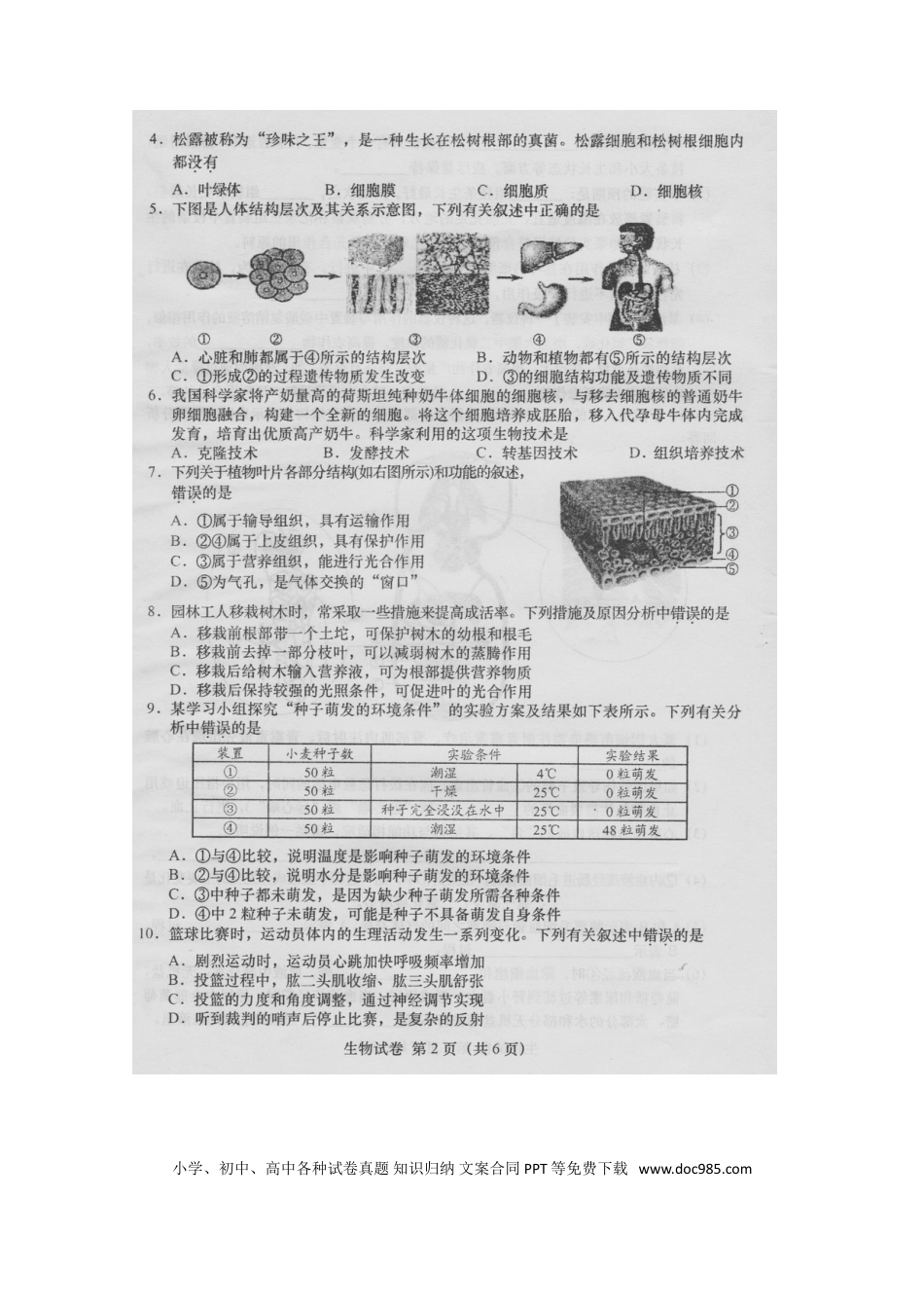 安徽省桐城市2016年中考生物真题试题（扫描版，含答案）.doc