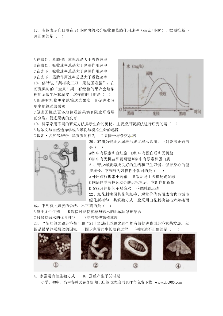 山东省烟台市2015年中考生物真题试题（含扫描答案）.doc