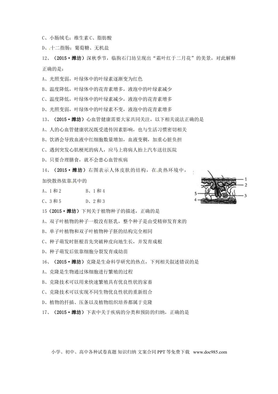 山东省潍坊市2015年中考生物真题试题（含扫描答案）.doc