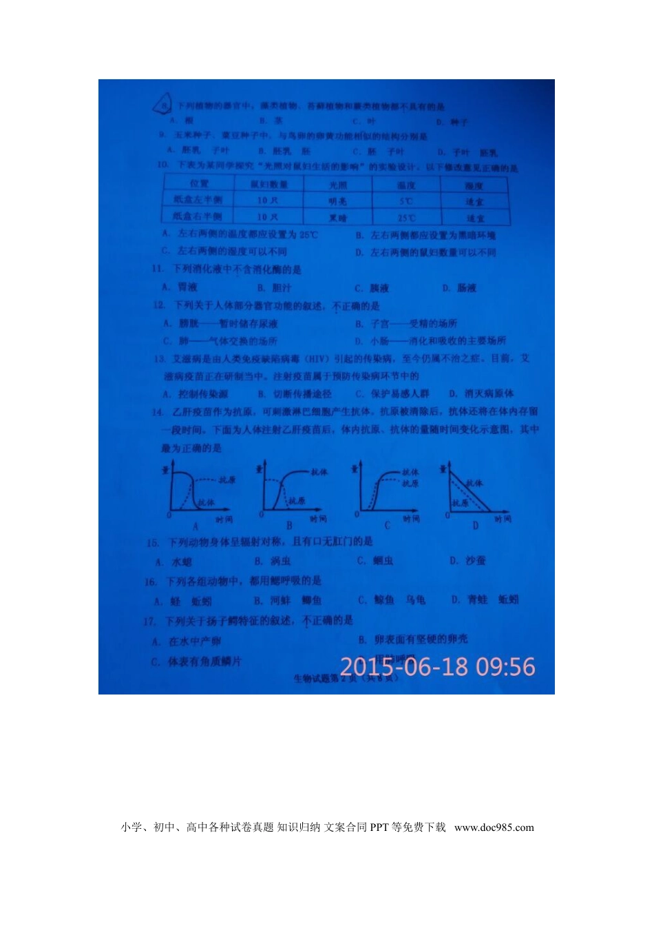 山东省威海市2015年中考生物真题试题（扫描版，含答案）.doc