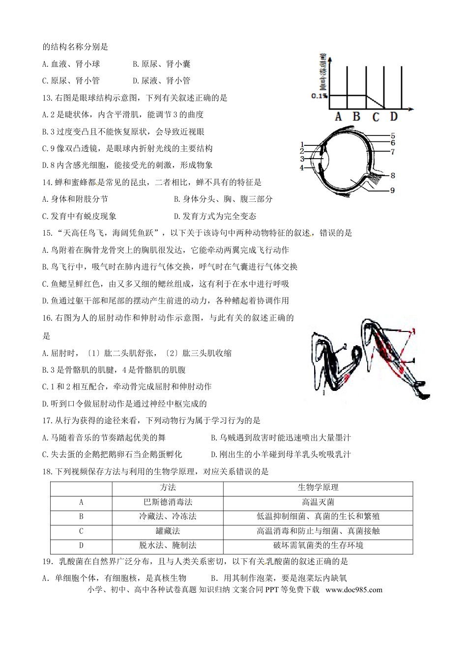 山东省泰安市2015年中考生物真题试题（含扫描答案）.doc
