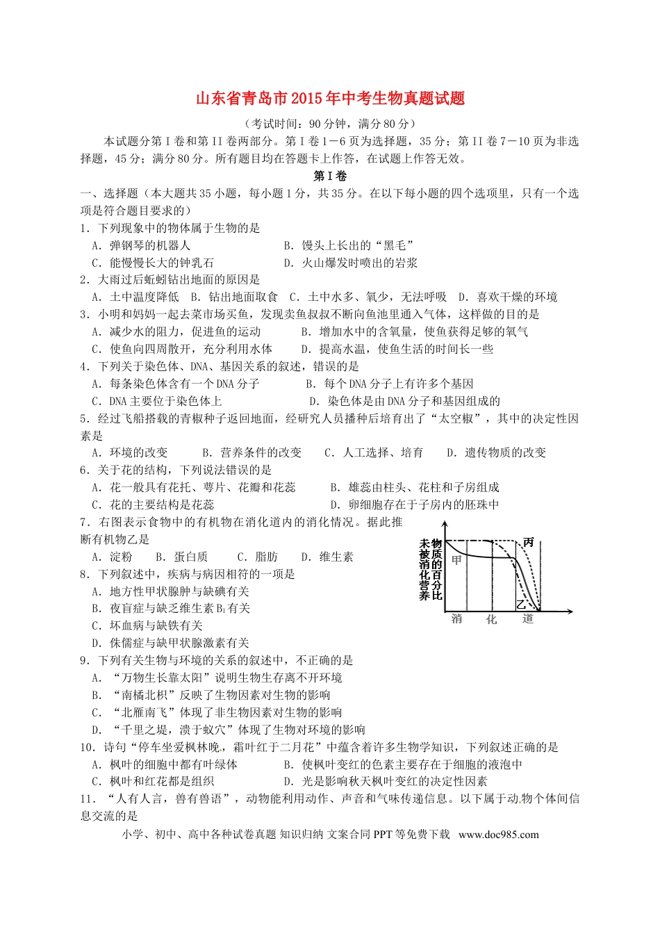 山东省青岛市2015年中考生物真题试题（含扫描答案）.doc