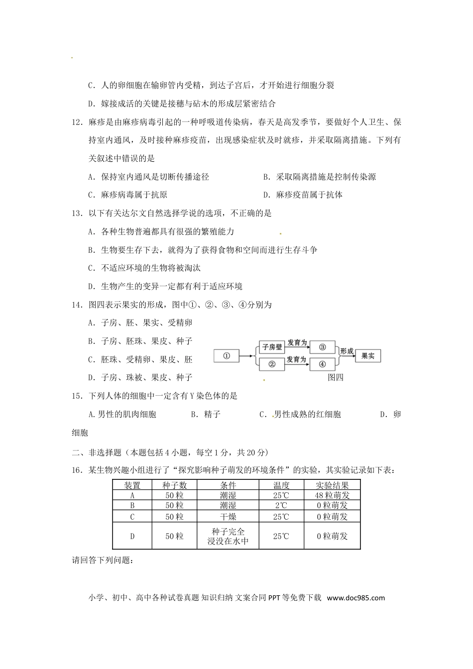 内蒙古呼和浩特市2015年中考生物真题试题（含答案）.doc