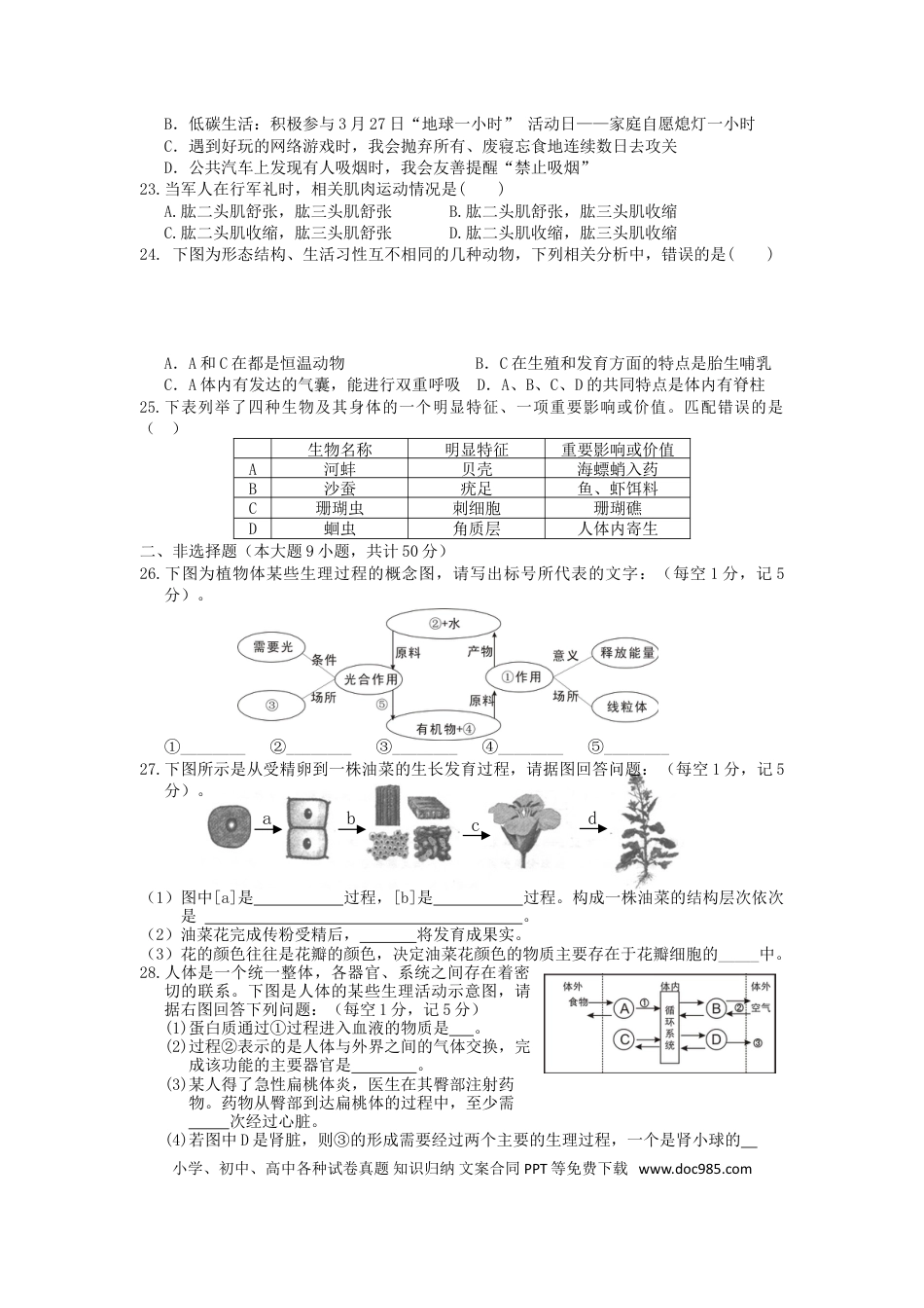 湖南省张家界市2015年中考生物真题试题（含答案）.doc