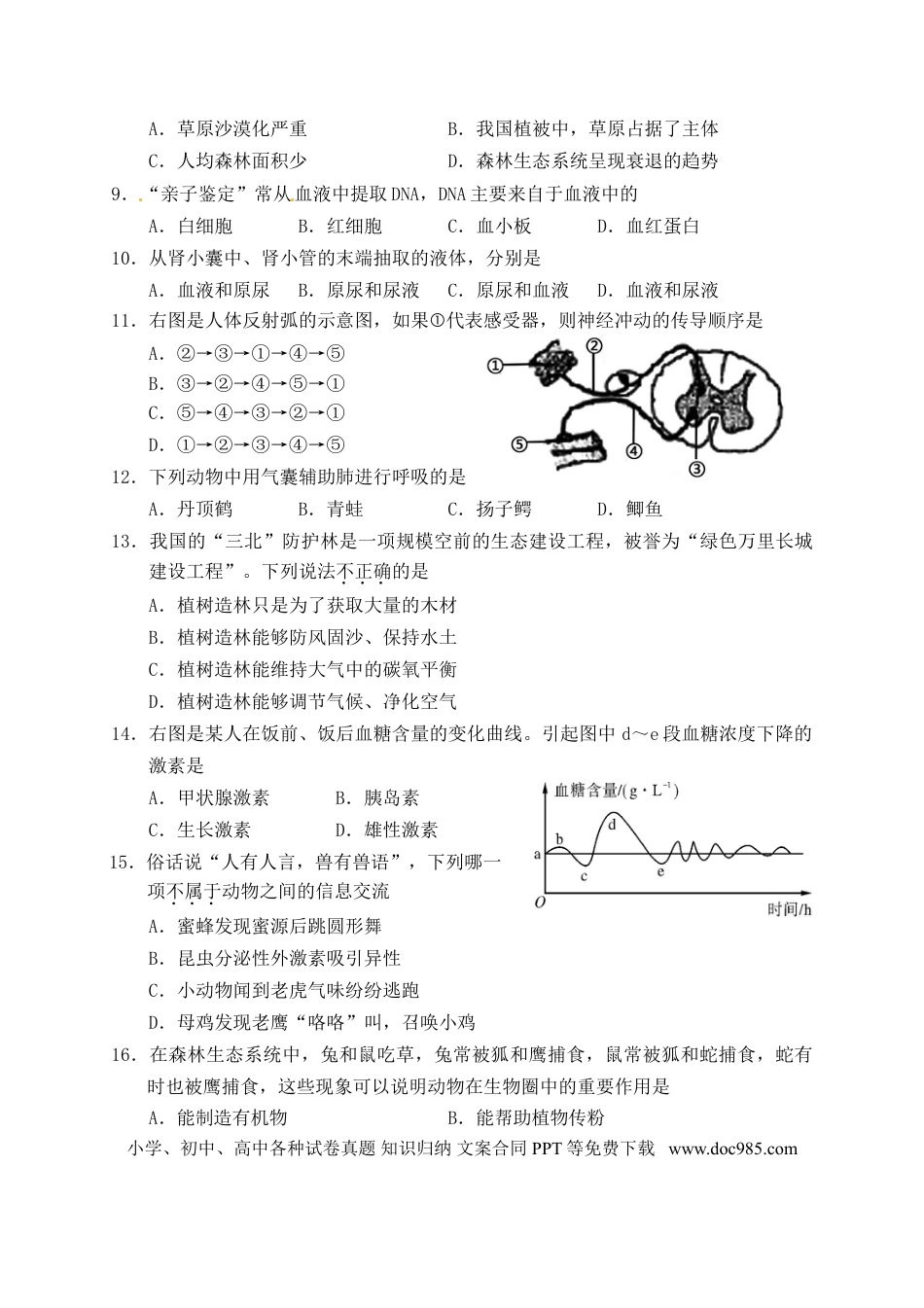 湖南省娄底市2015年中考生物真题试题（含答案）.doc