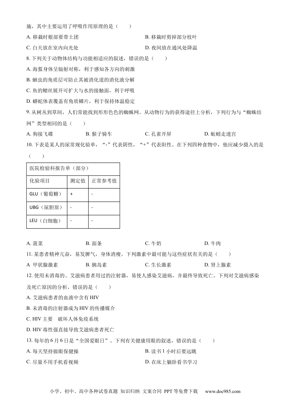 精品解析：2022年四川省绵阳市中考生物真题（原卷版）.docx
