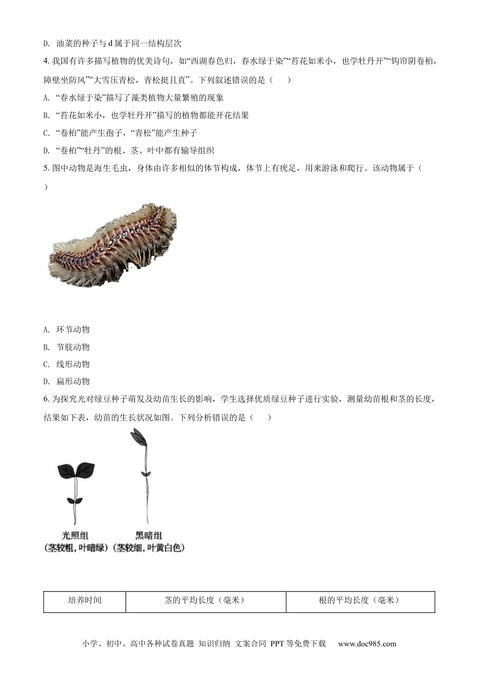 精品解析：2022年山东省泰安市中考生物真题（原卷版）.docx