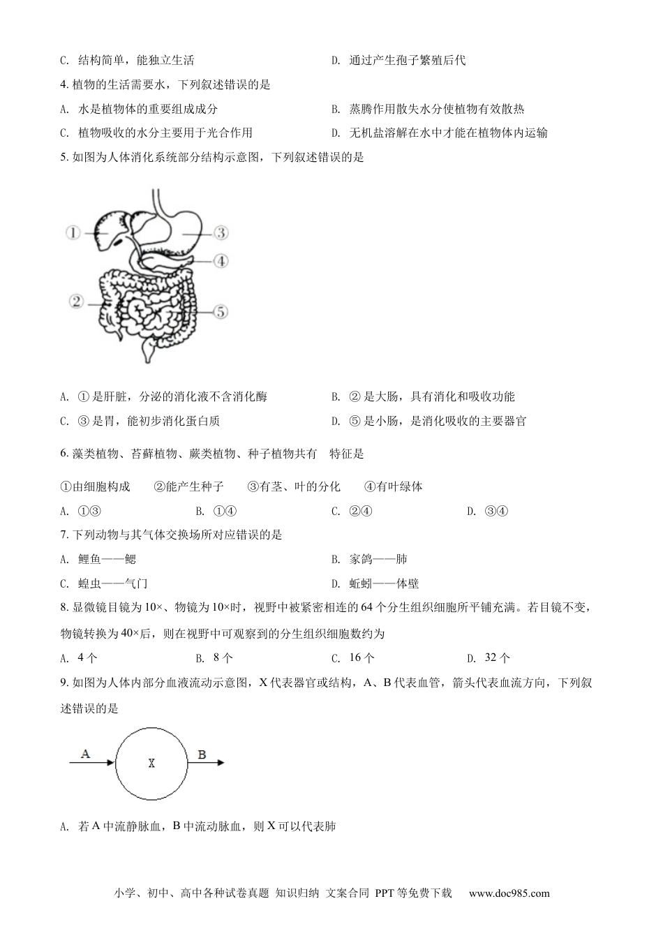 精品解析：2022年山东省济南市中考生物真题（原卷版）.docx