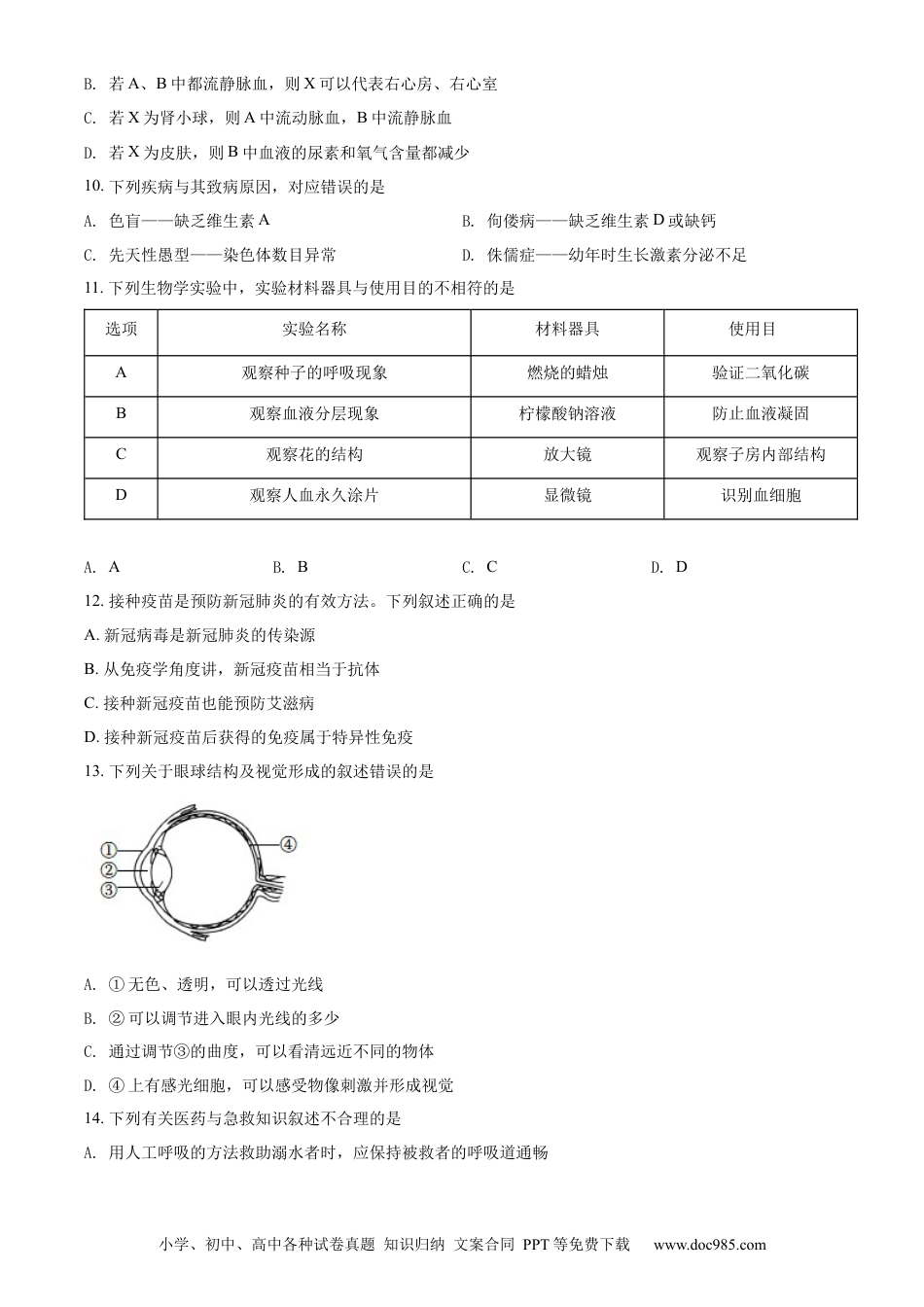 精品解析：2022年山东省济南市中考生物真题（原卷版）.docx