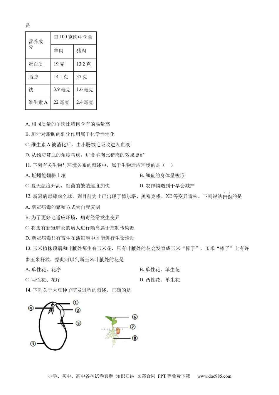 精品解析：2022年山东省德州市中考生物真题（原卷版）.docx