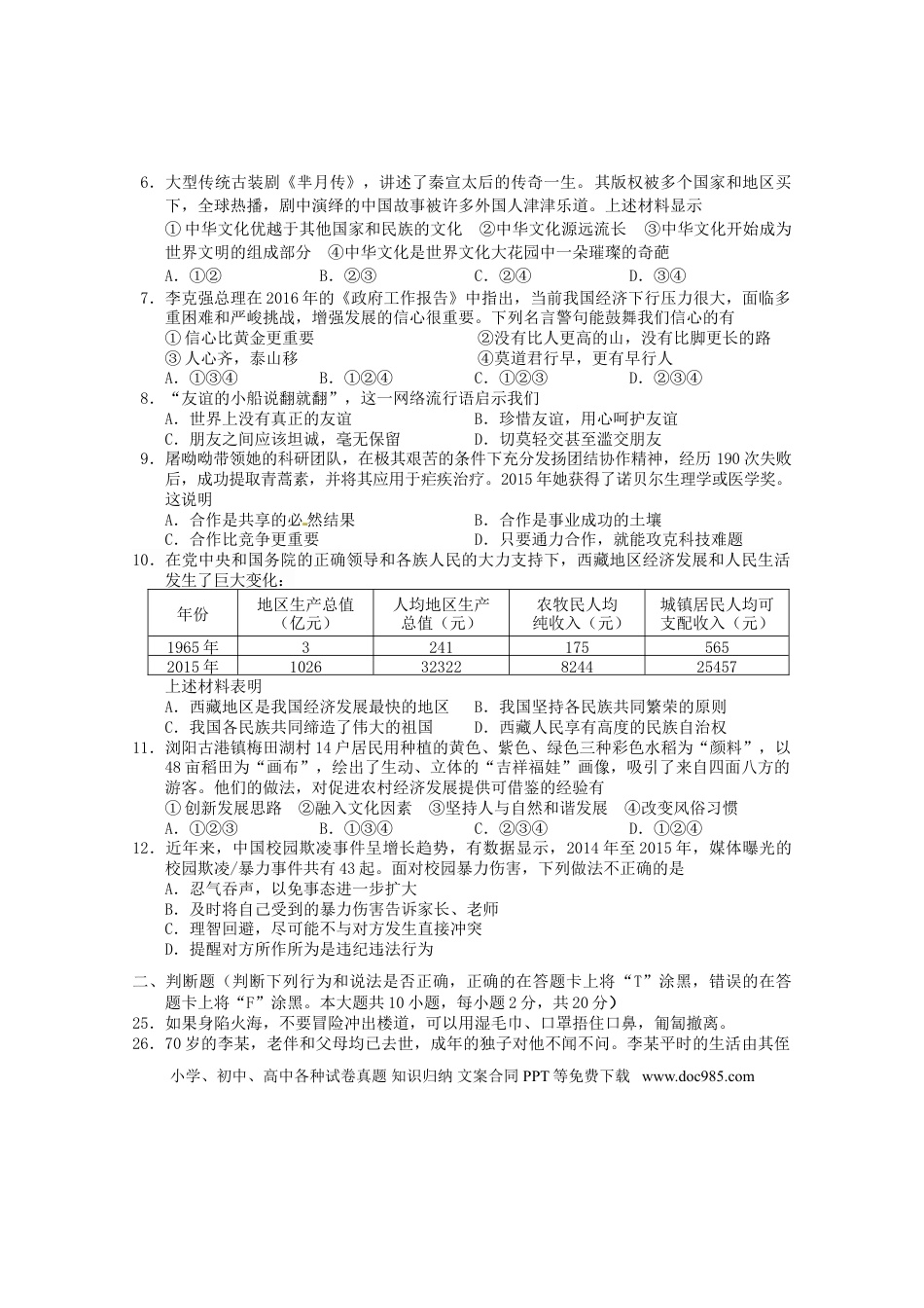 湖南省长沙市2016年中考文综（政治部分）真题试题（含扫描答案）.doc