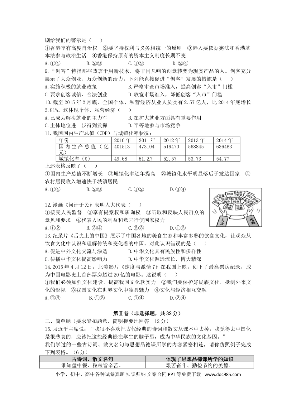 广西贵港市2015年中考政治真题试题（含答案）.doc