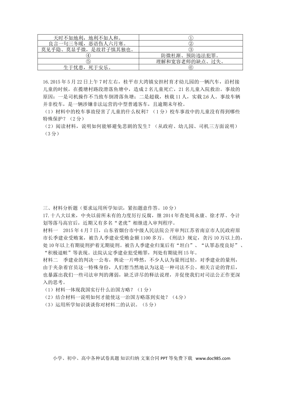 广西贵港市2015年中考政治真题试题（含答案）.doc