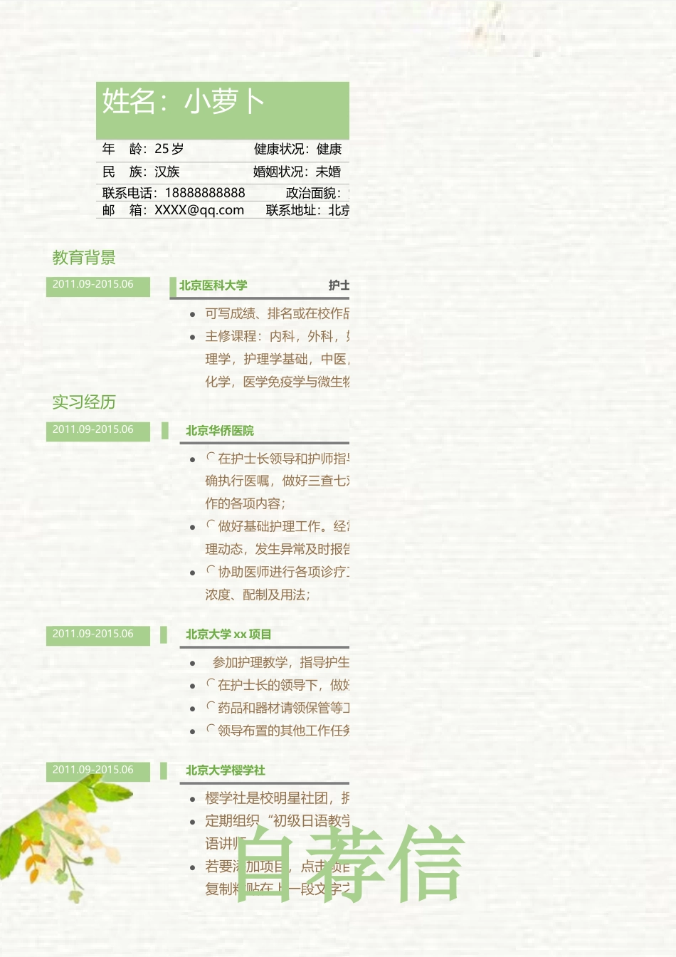 医护简历（四页） 简历模板14  免费下载.docx