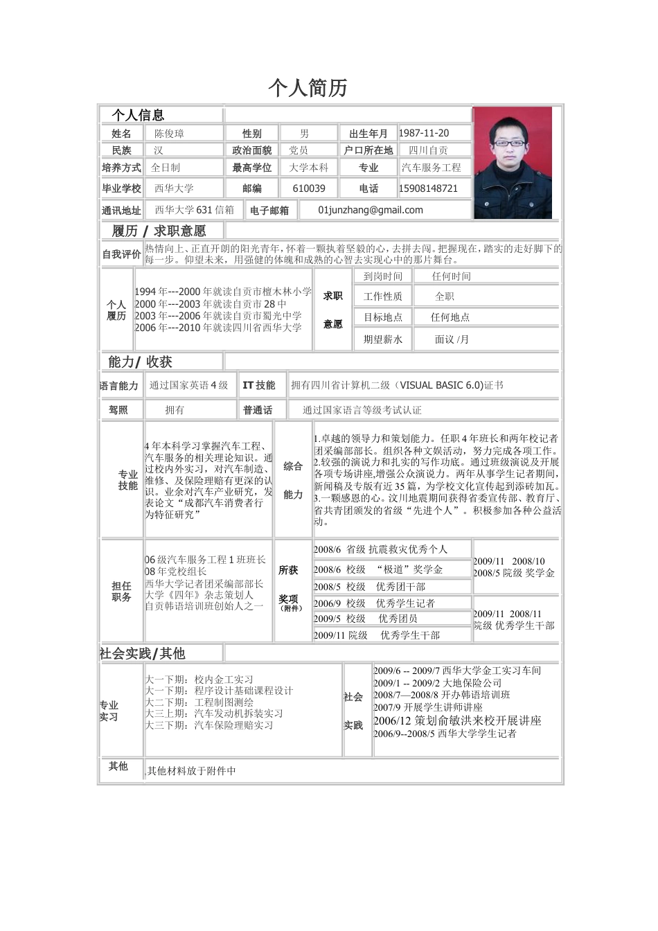 详细型简历模板 简历模板015-文字表格  免费下载.doc