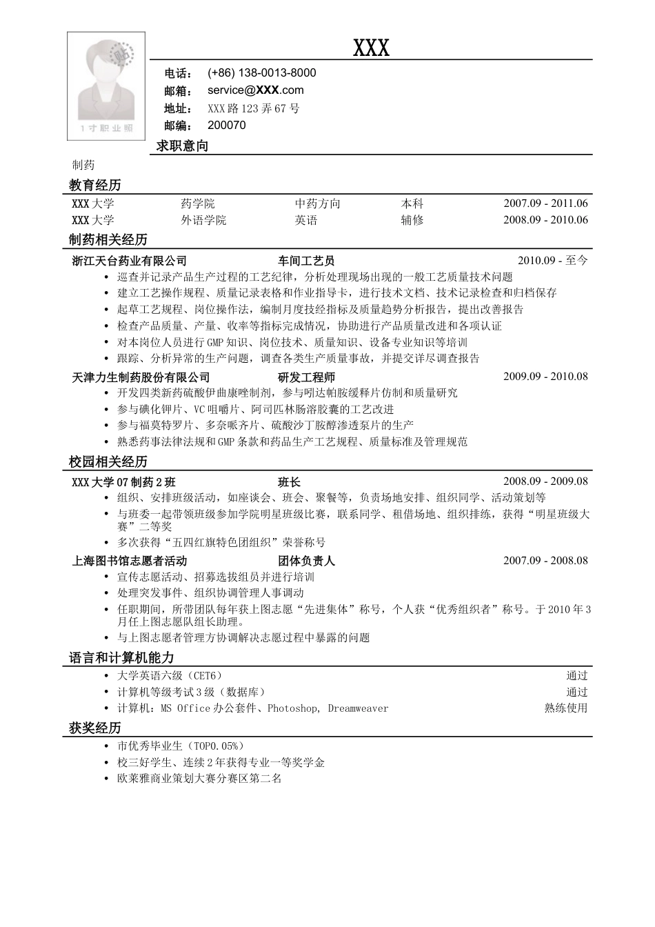 应聘药品研发类岗位的简历模板.doc