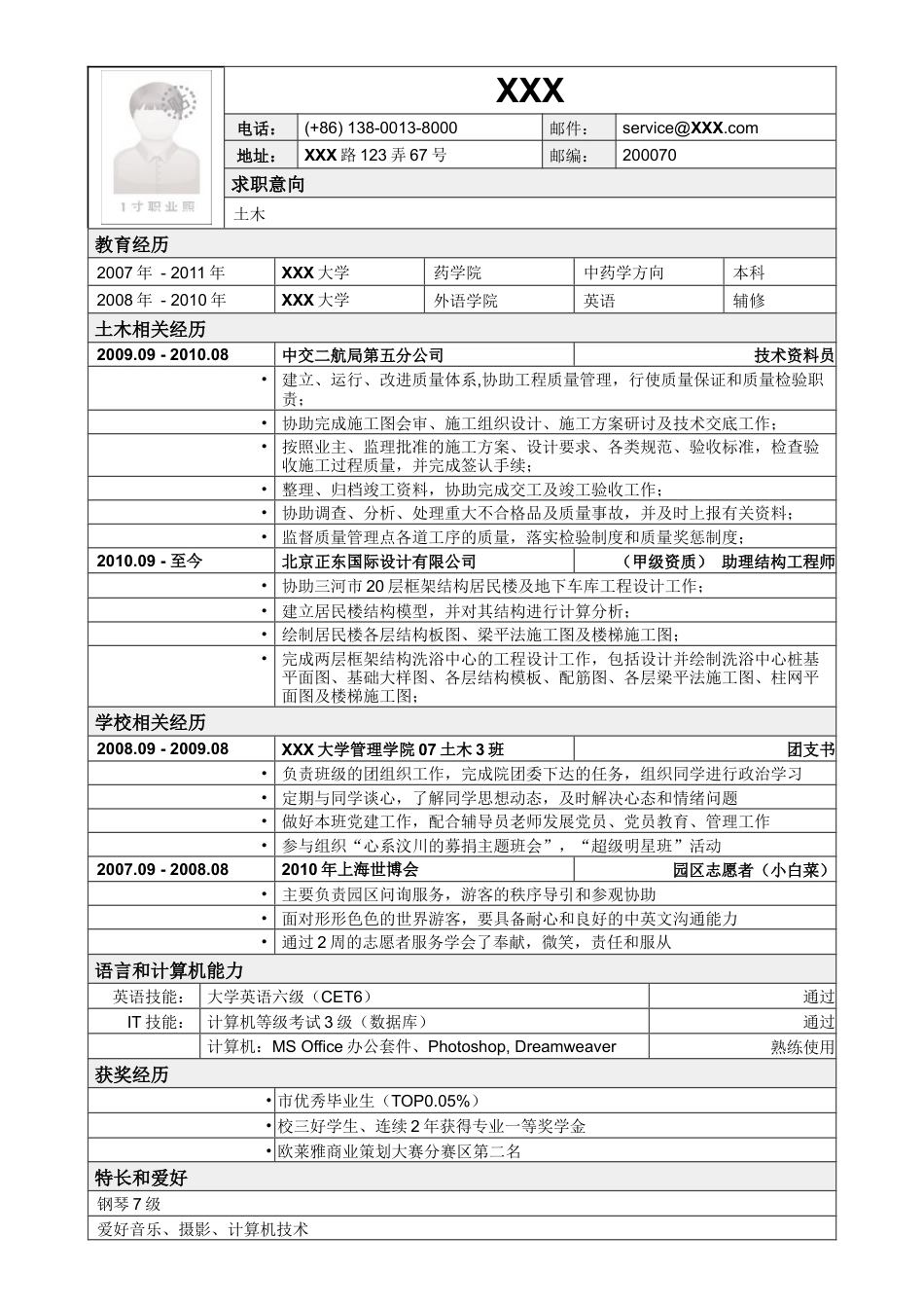应聘土木类岗位简历模板2.doc