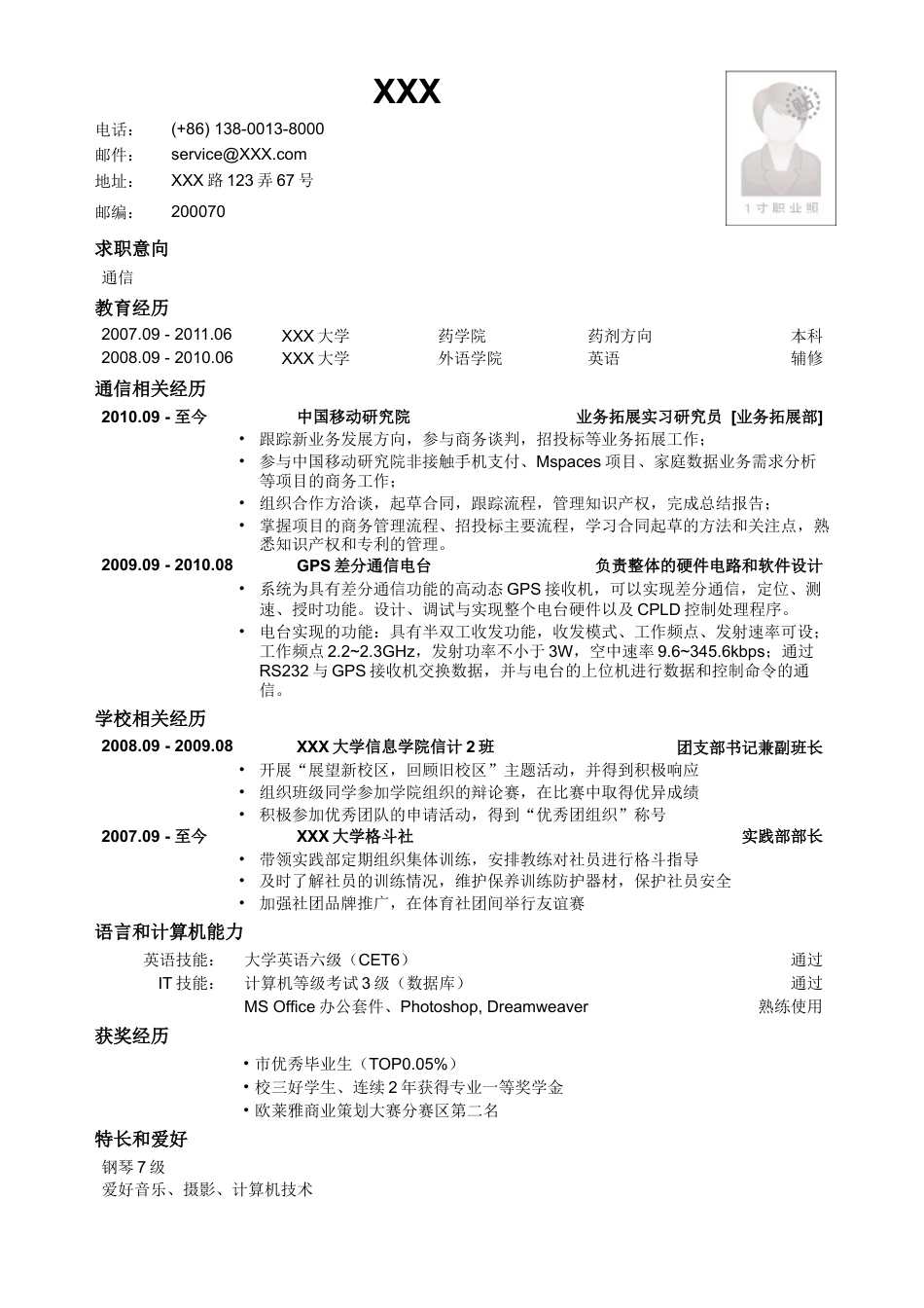 应聘通信类岗位简历模板.doc