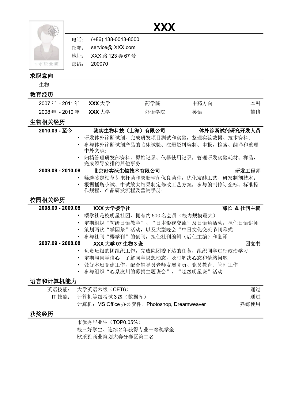 应聘生物类岗位简历模板.doc