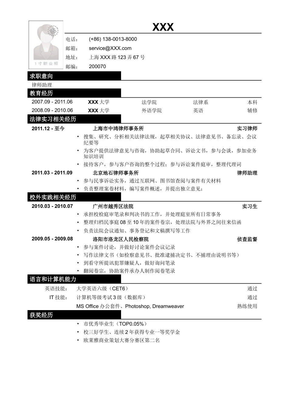 应聘律师助理_法务类工作的简历模板.doc