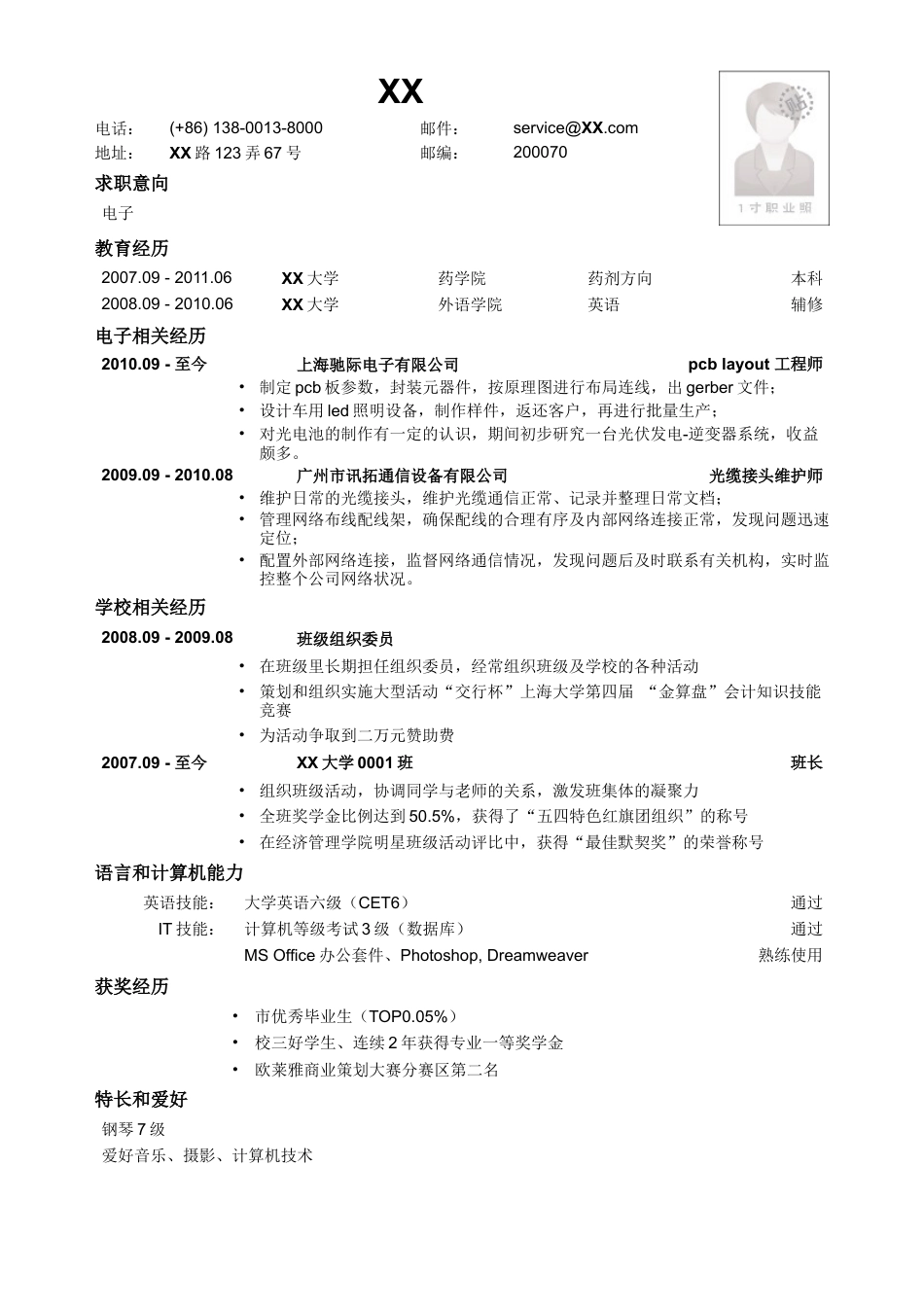 应聘电子类岗位简历模板.doc
